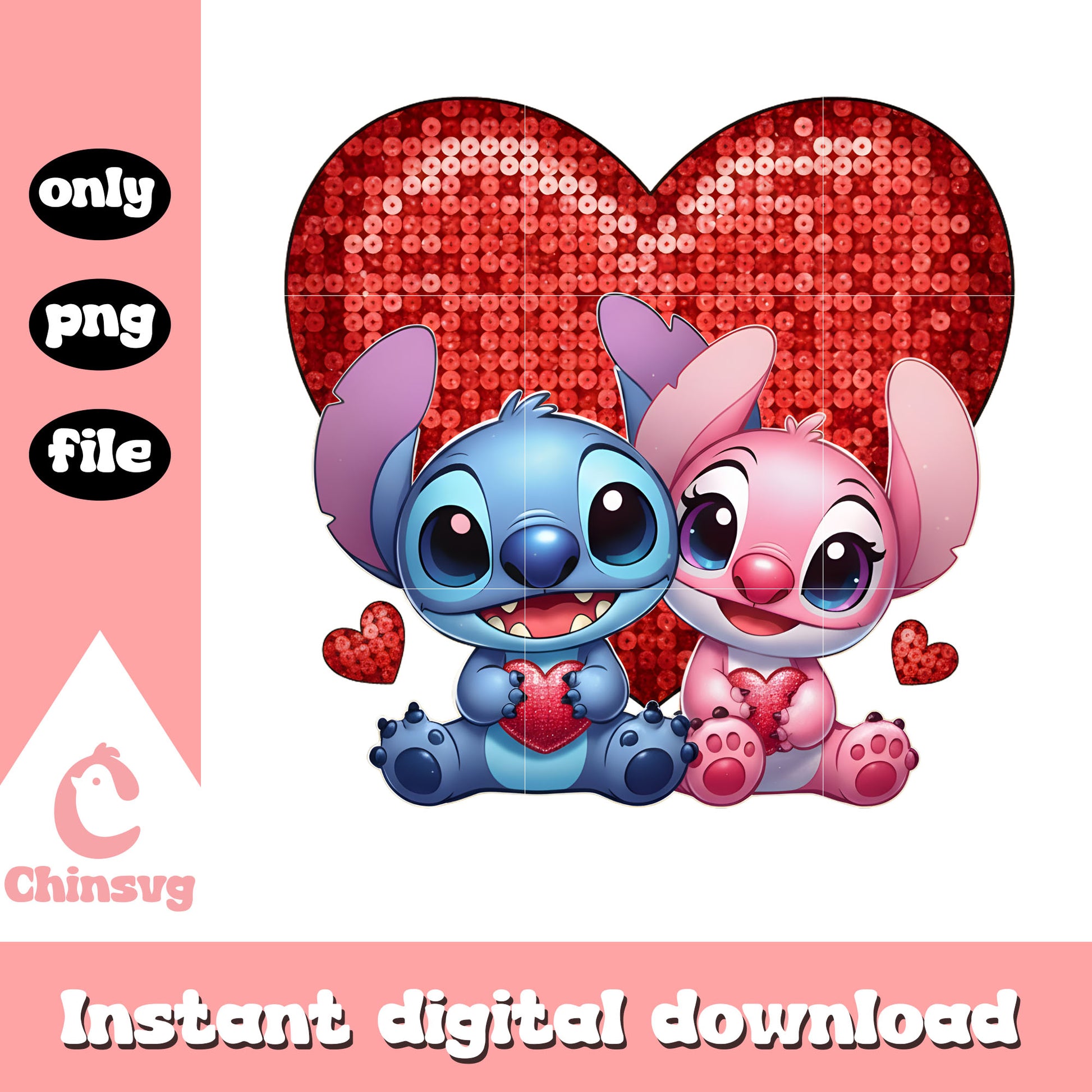 Red glitter hearts couple png, stitch valentines day​​​​​​ png