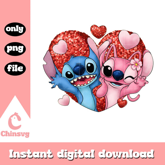 Red hearts couple valentine png, stitch valentine​ png