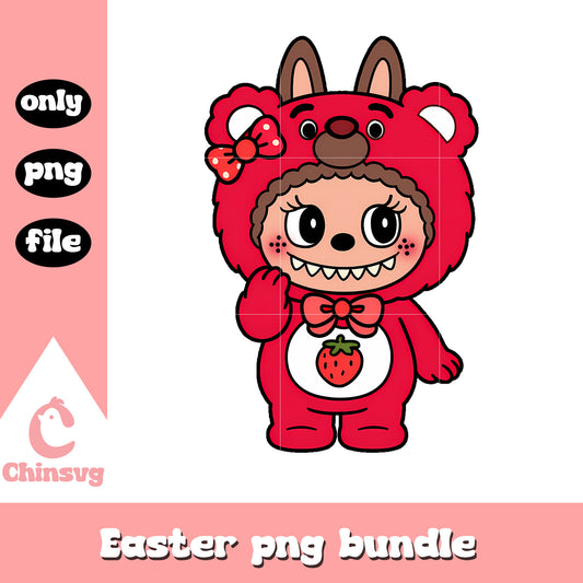 Red strawberry bear labubu cute doll png, pop mart labubu png