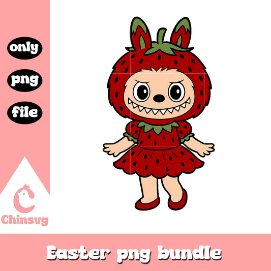 Red strawberry dress labubu cute doll png, red labubu png