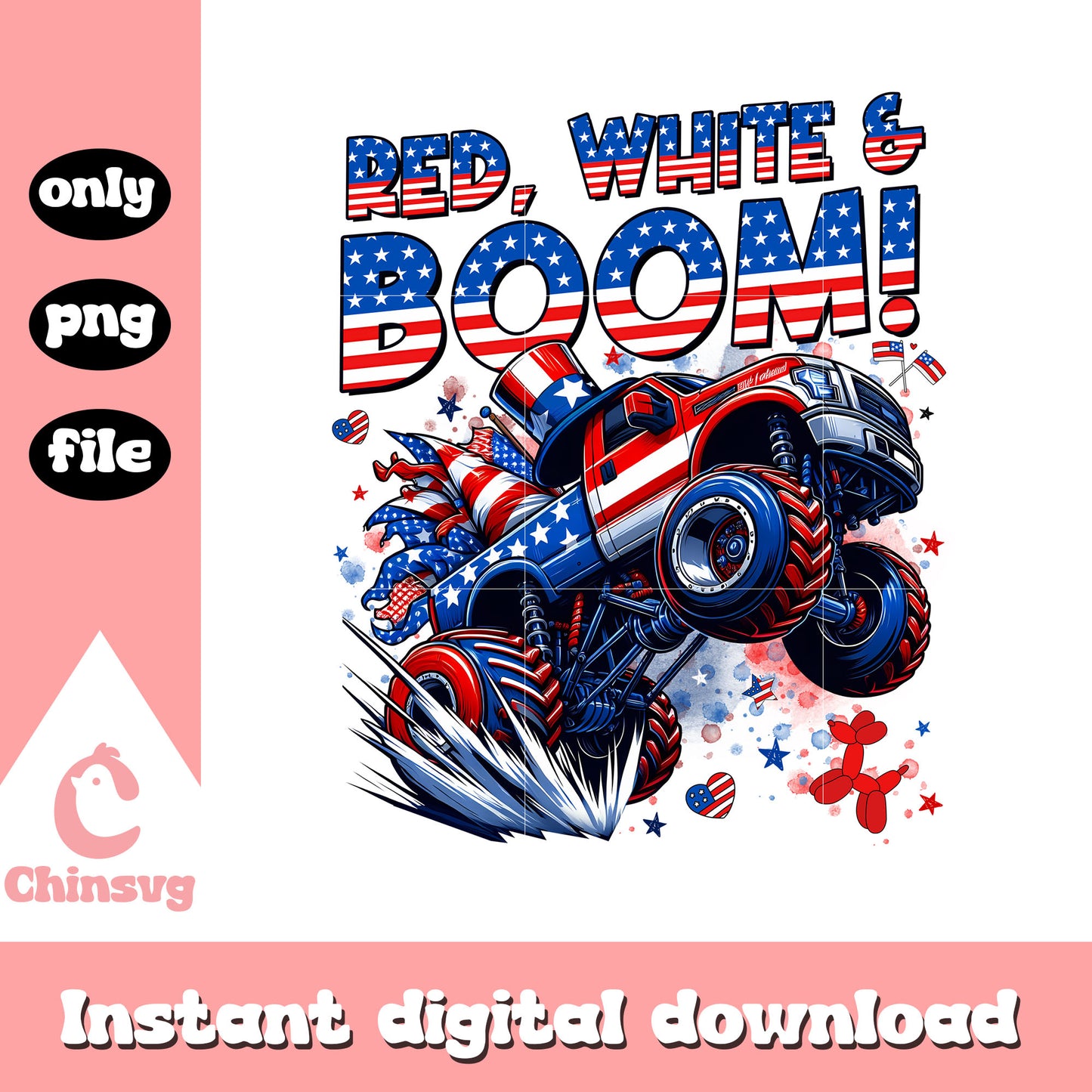 Red white and boom usa truck monster car png, truck monster png