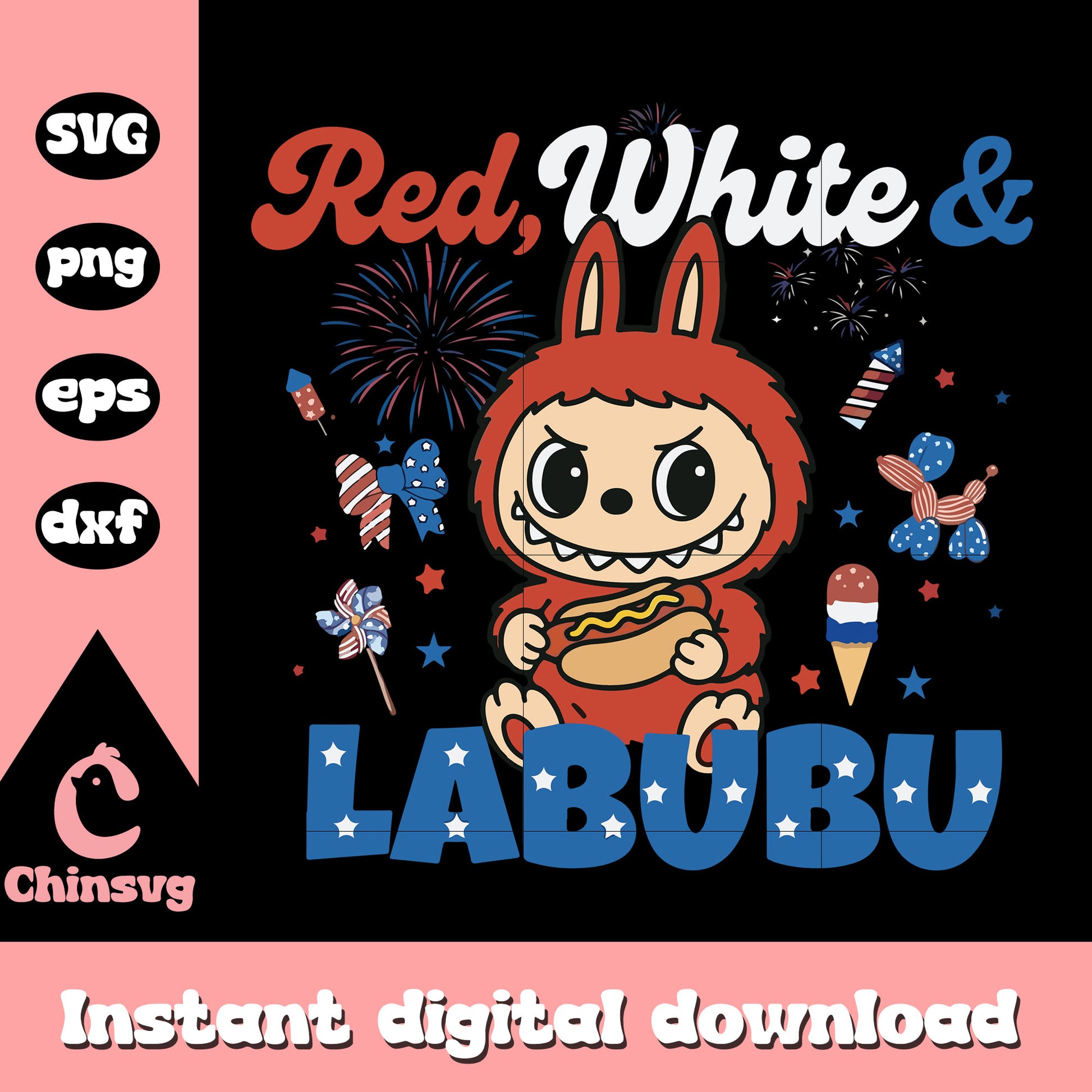 Red white and labubu costume design svg, american flag svg