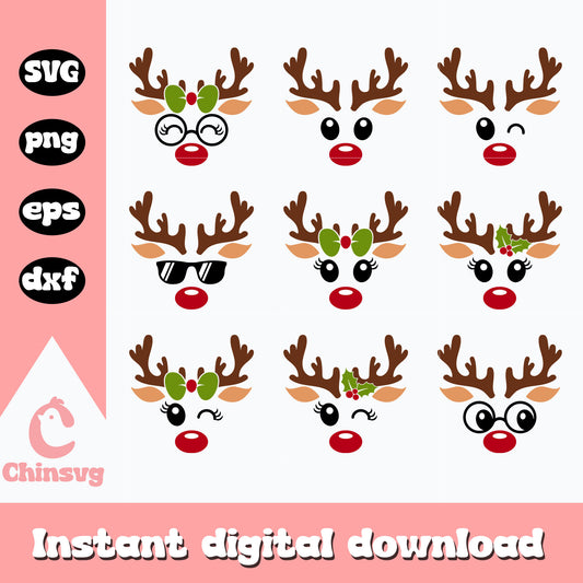 Reindeer face cute christmas bundle svg, reindeer christmas​ svg