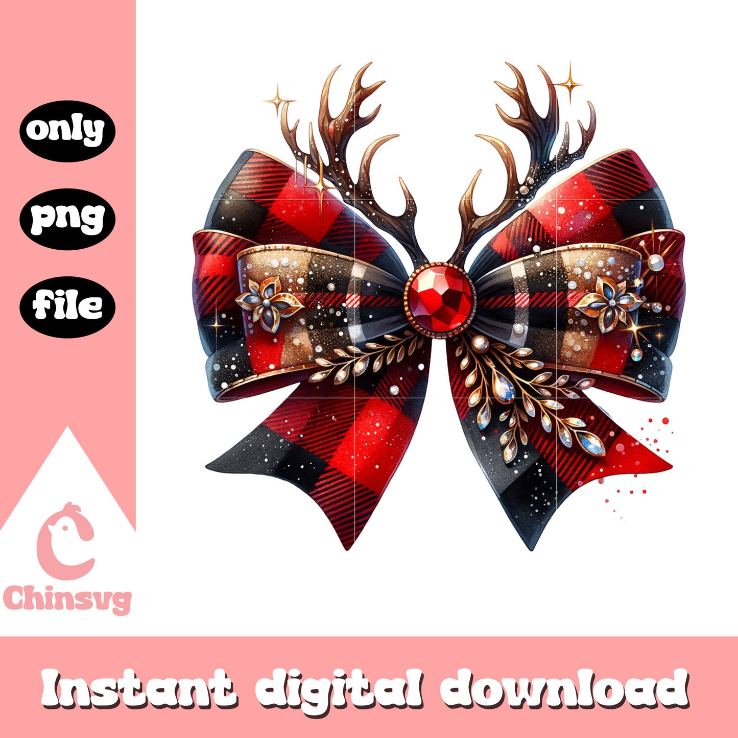 Reindeer bow checkered pattern png, christmas ribbon png