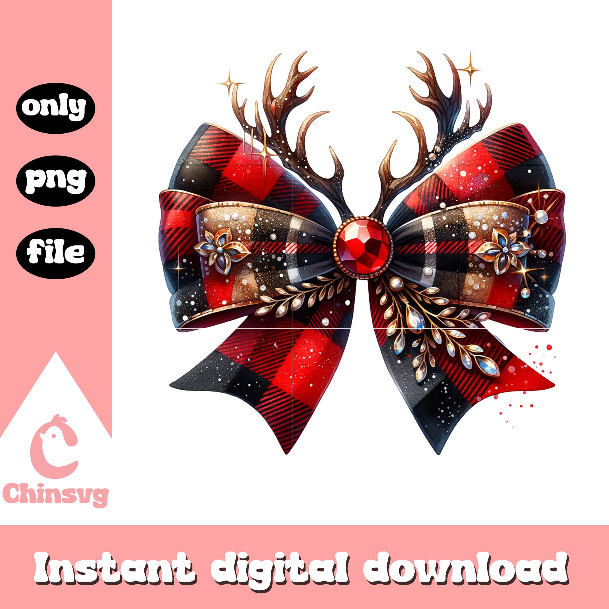 Reindeer bow checkered pattern png, christmas ribbon png
