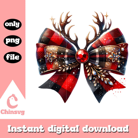 Reindeer bow checkered pattern png, christmas ribbon png