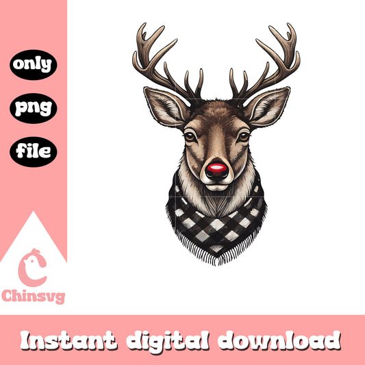 Reindeer face with buffalo plaid scarf design png, reindeer christmas​ png