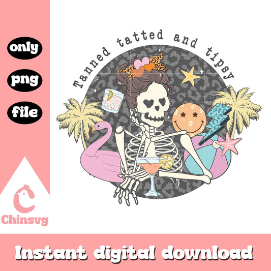 Retro Tanned tatted and tipsy skeleton png, summer vibe quotes​ png