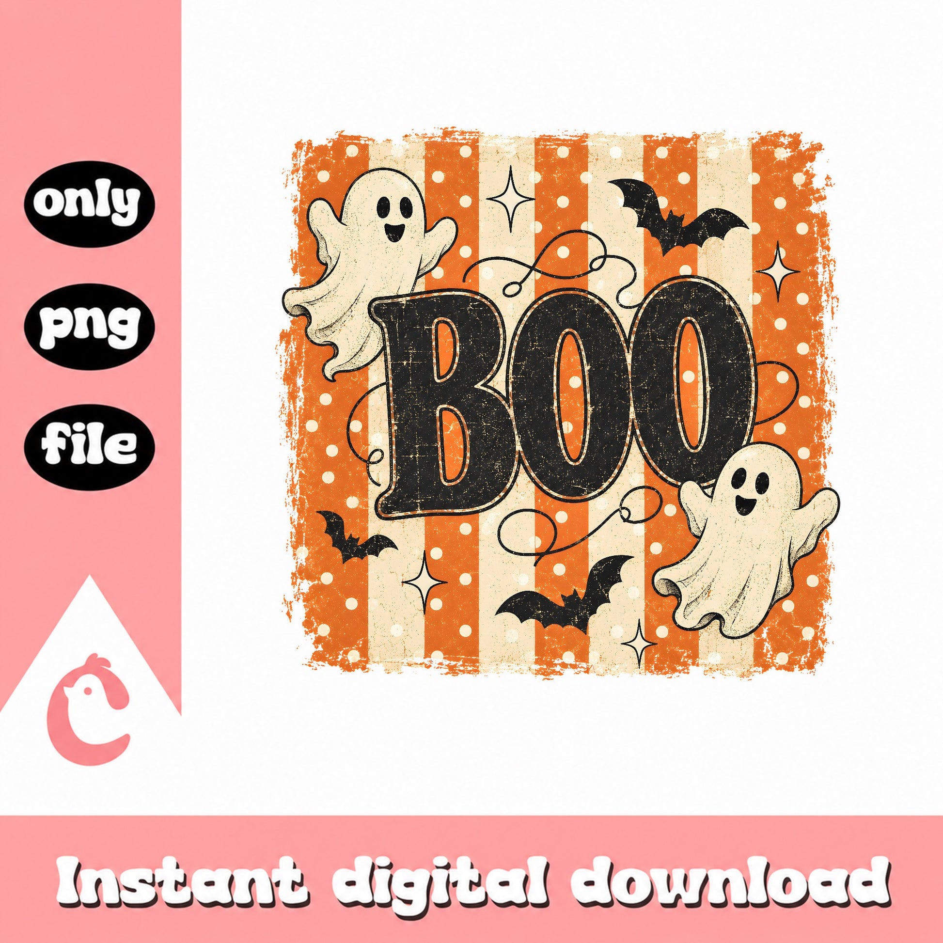 Retro Boo Ghost Halloween PNG, Cute Ghost Bat PNG, Halloween PNG