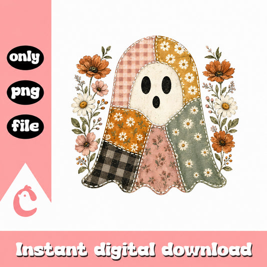 Retro Ghost Patchwork PNG, Halloween Fall Floral, PNG File