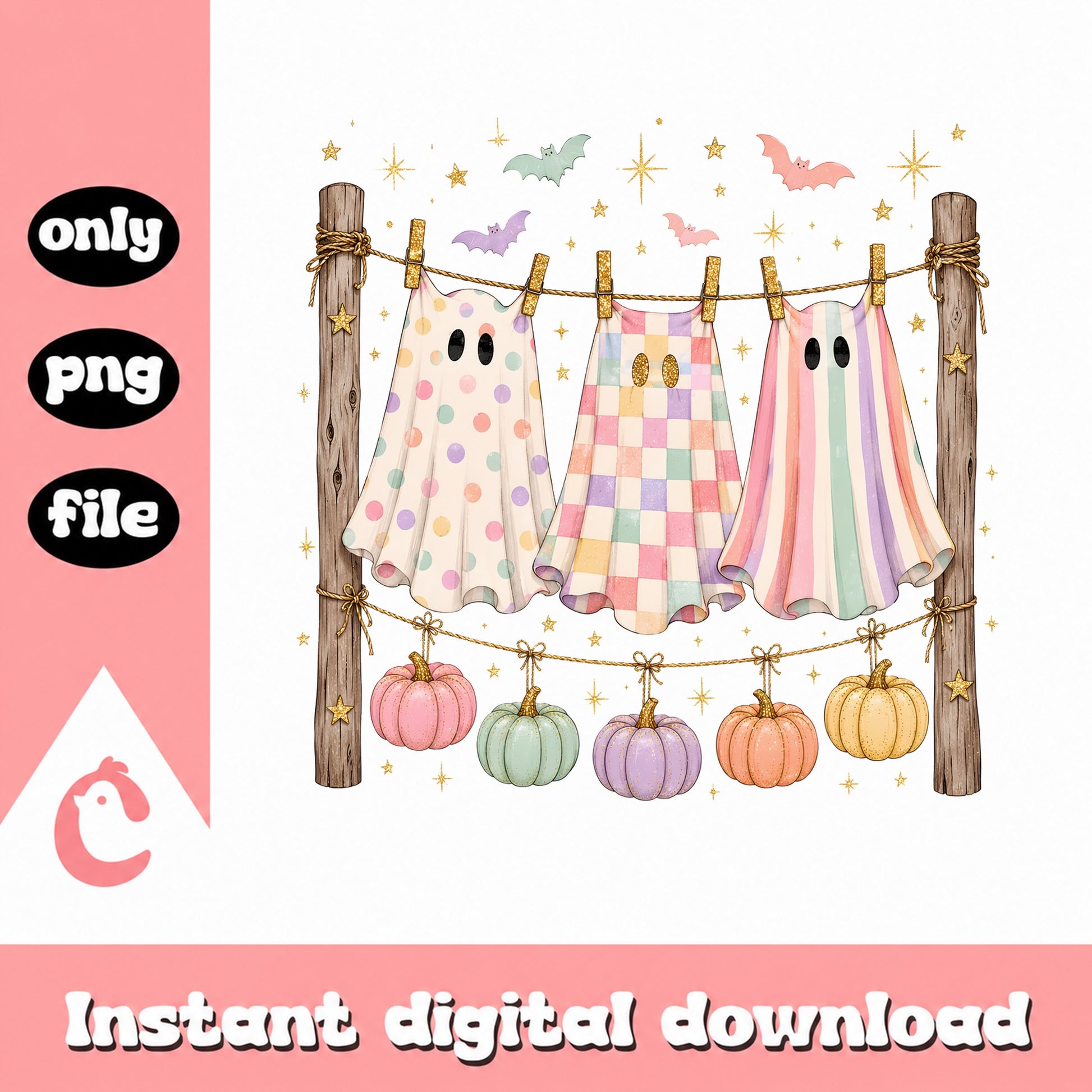 Retro Halloween Ghost Clothesline PNG, Cute Ghost Pumpkin, Halloween PNG