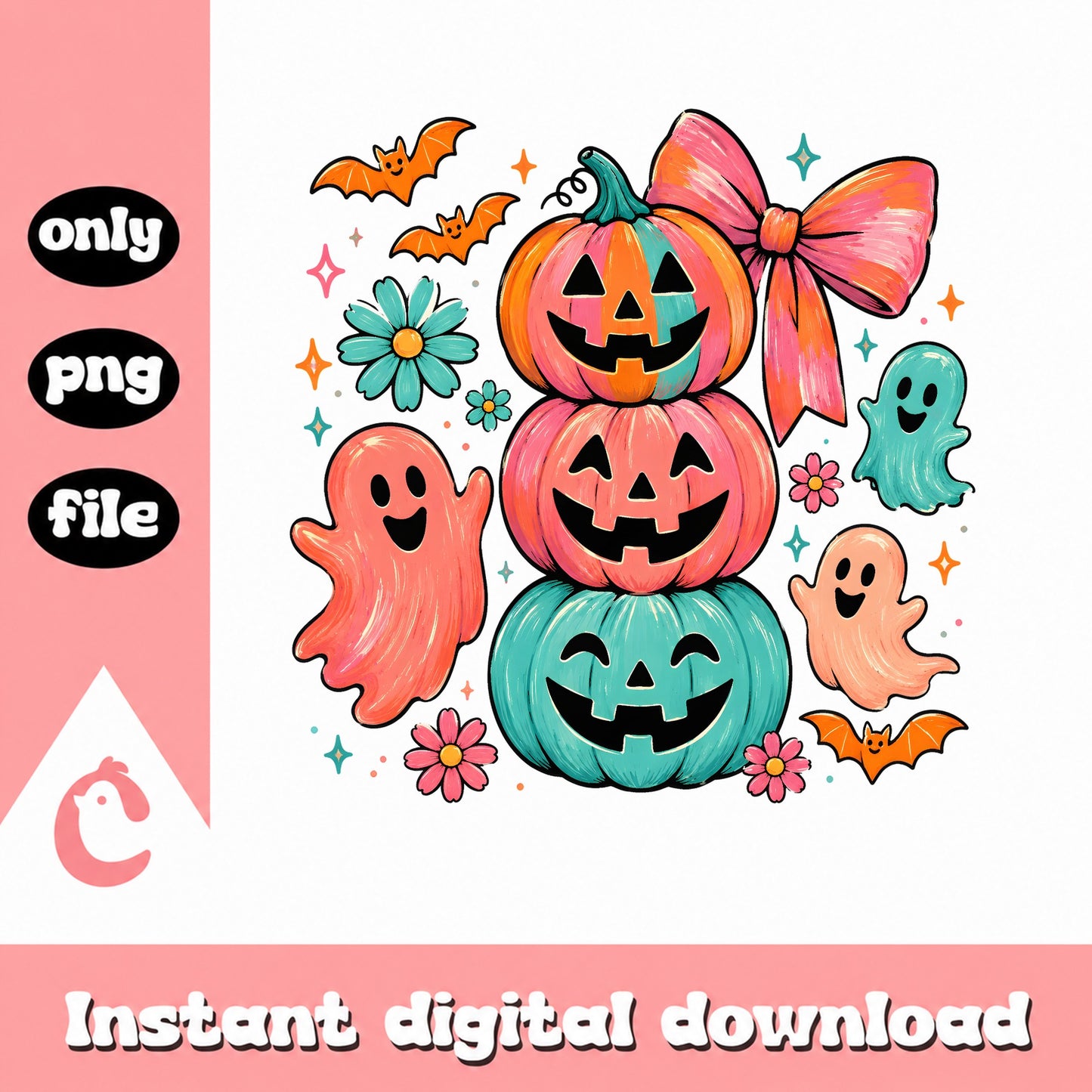 Retro Halloween Pumpkin Stack PNG, Cute Ghost Coquette Bow PNG, Halloween PNG