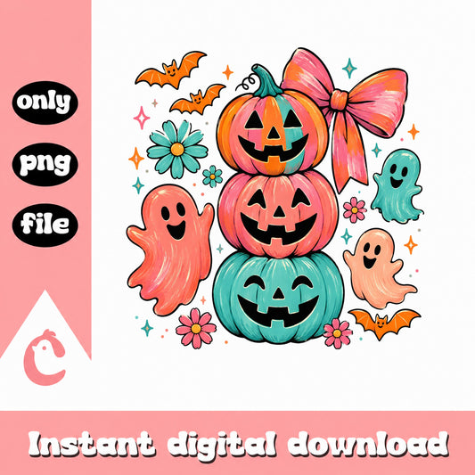 Retro Halloween Pumpkin Stack PNG, Cute Ghost Coquette Bow PNG, Halloween PNG