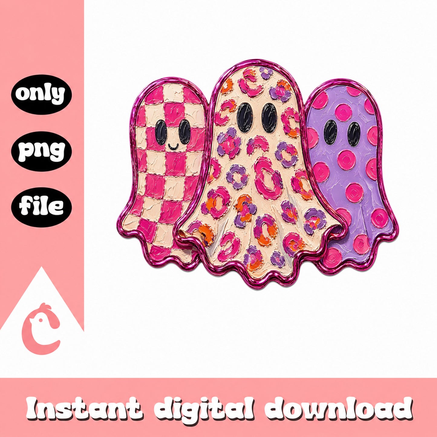 Retro Pink Ghost Halloween PNG, Cute Ghost Trio, Halloween PNG