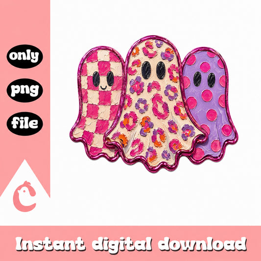 Retro Pink Ghost Halloween PNG, Cute Ghost Trio, Halloween PNG
