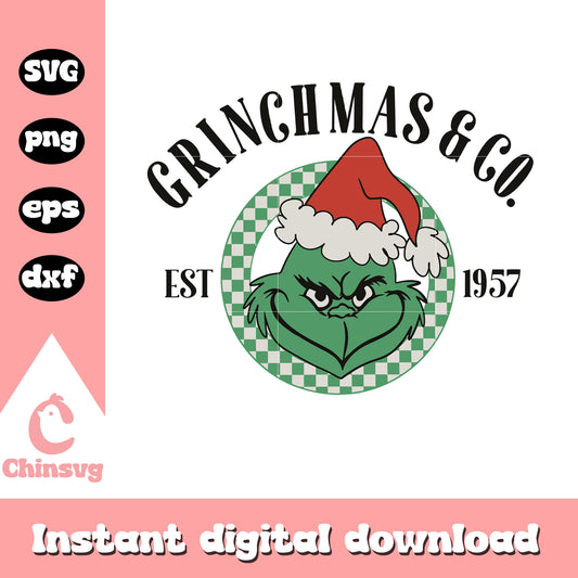 Retro grinchmas and co est 1957 christmas logo svg, grinch smile​ svg