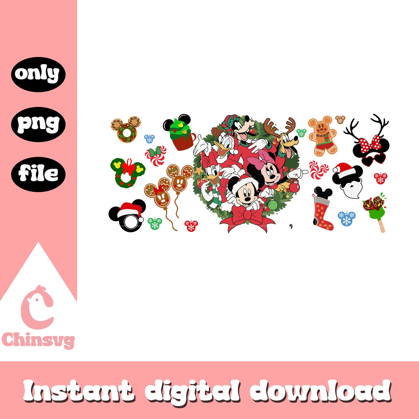 Retro christmas wreath mickey friends png, disney clip art png