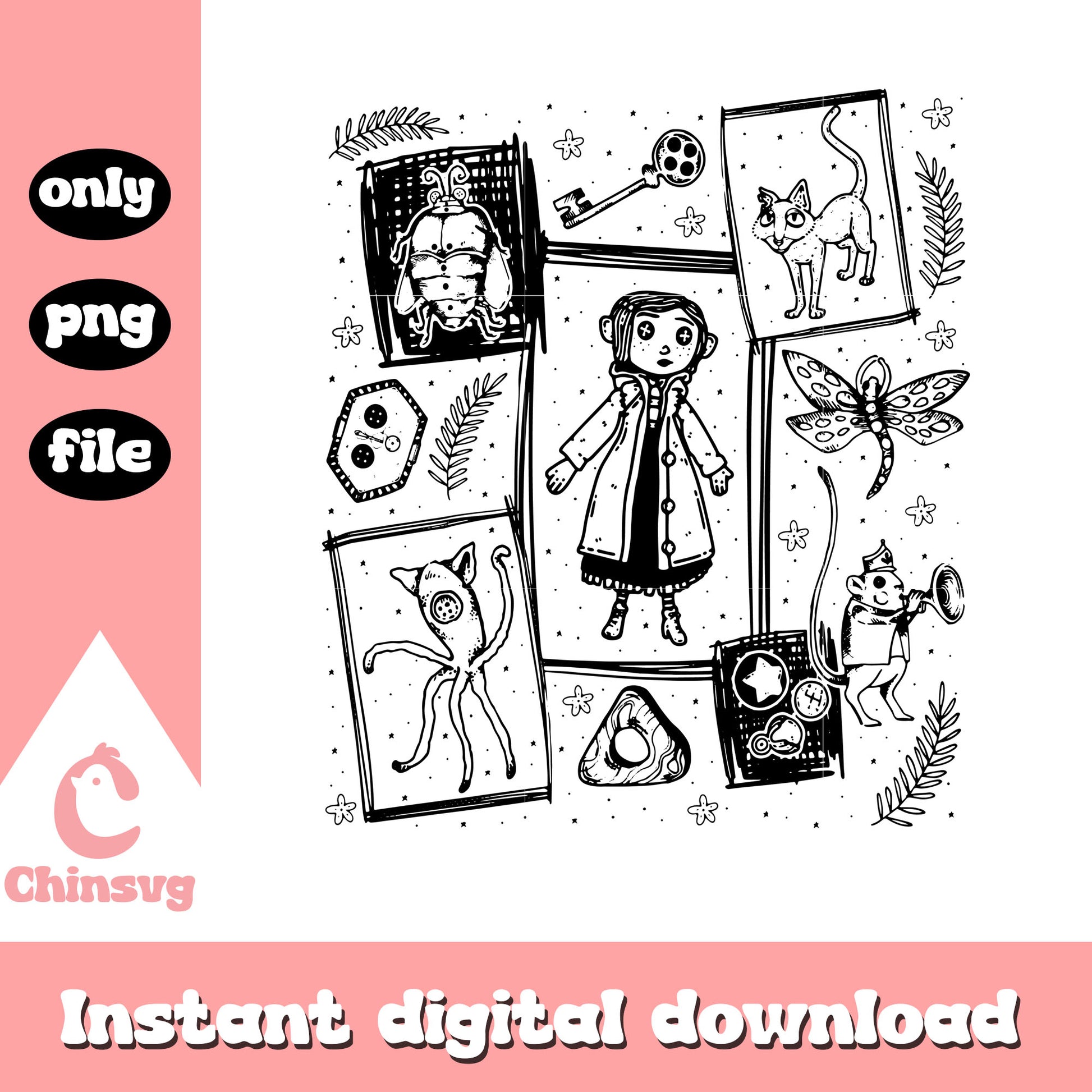 Retro coraline movie dreams design png, coraline characters png