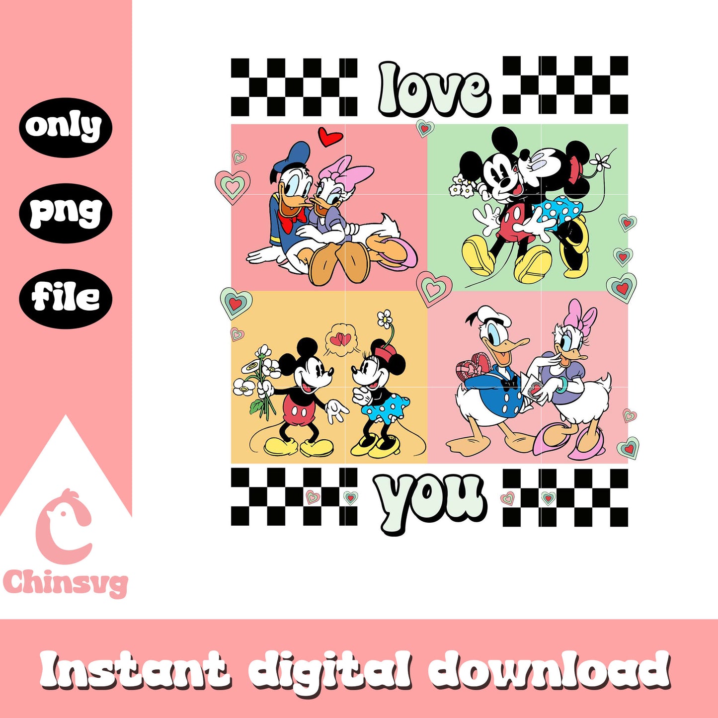 Retro disney love you png, disney couple png, valentine day png
