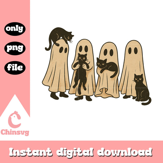 Retro ghost with cat halloween design png, happy halloween png
