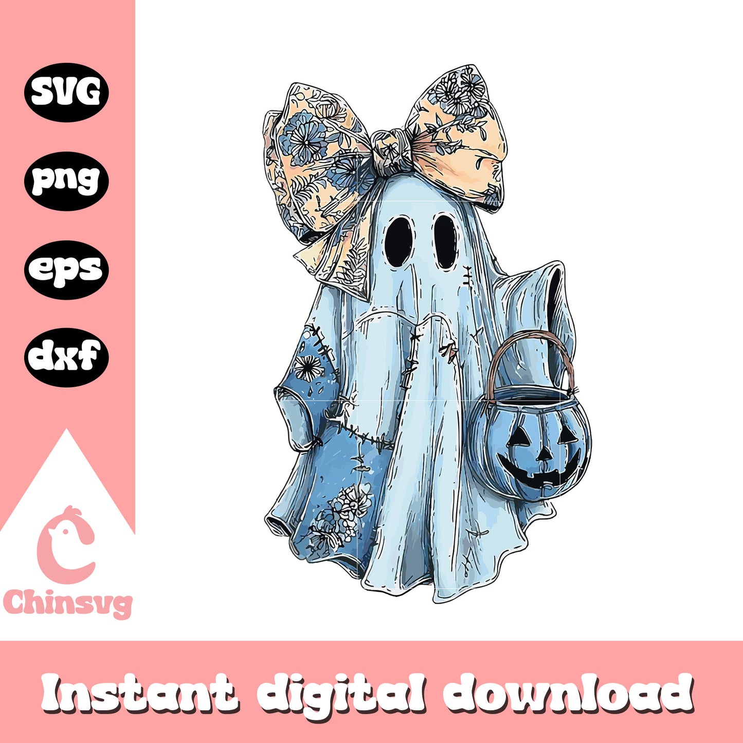 Retro halloween blue denim ghost design svg, patchwork ghost svg