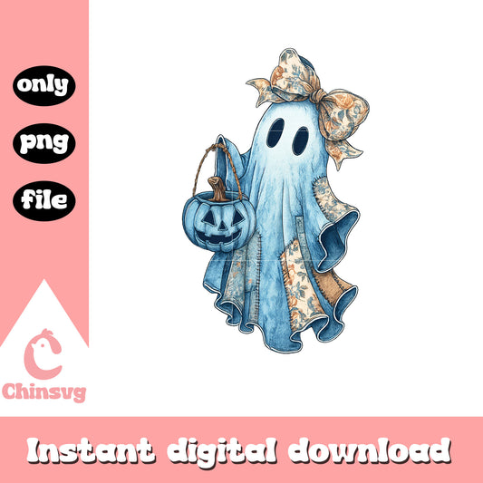 Retro halloween blue denim ghost png, cute boo ghost coquette png