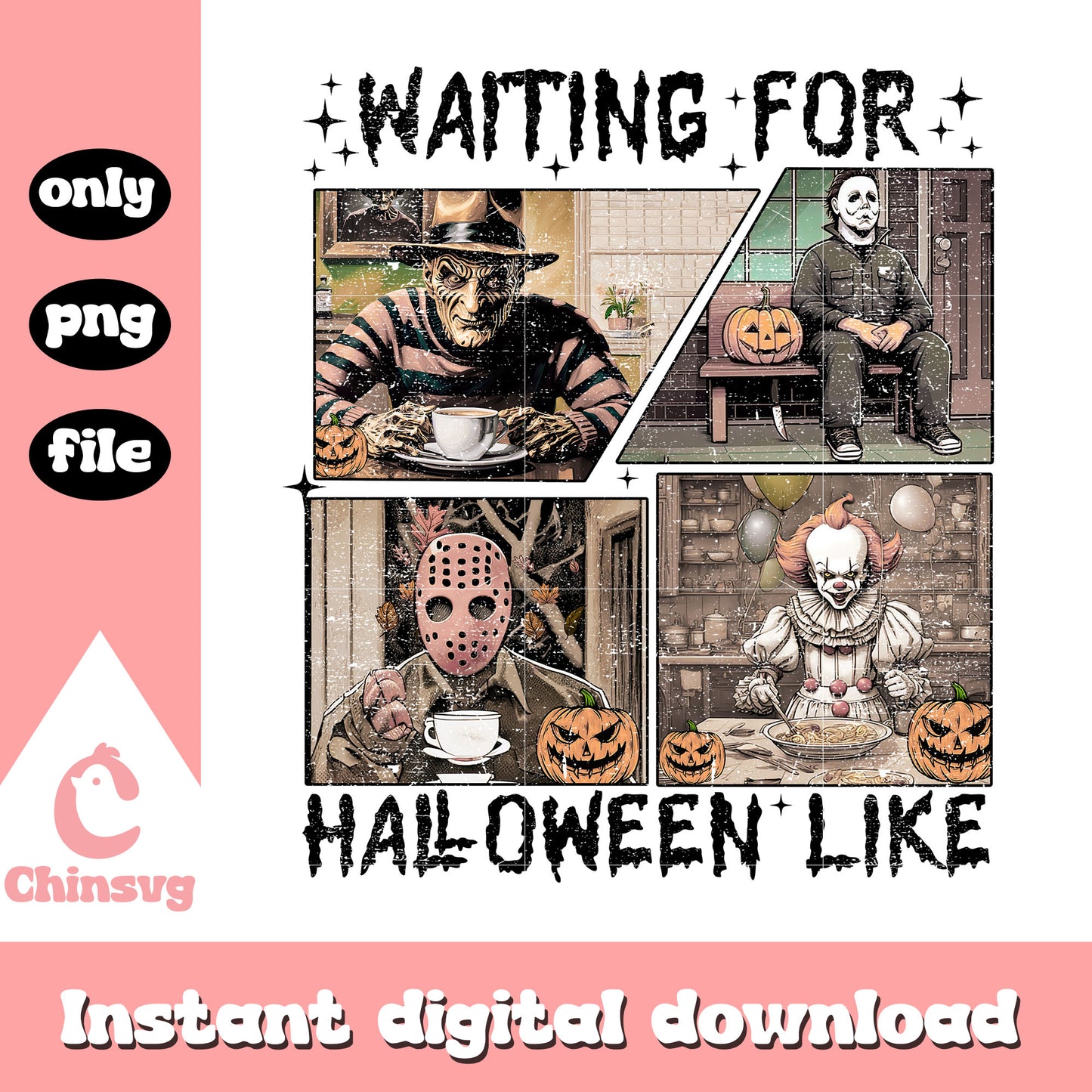Retro krueger jason just waiting for halloween png, retro pumpkin png