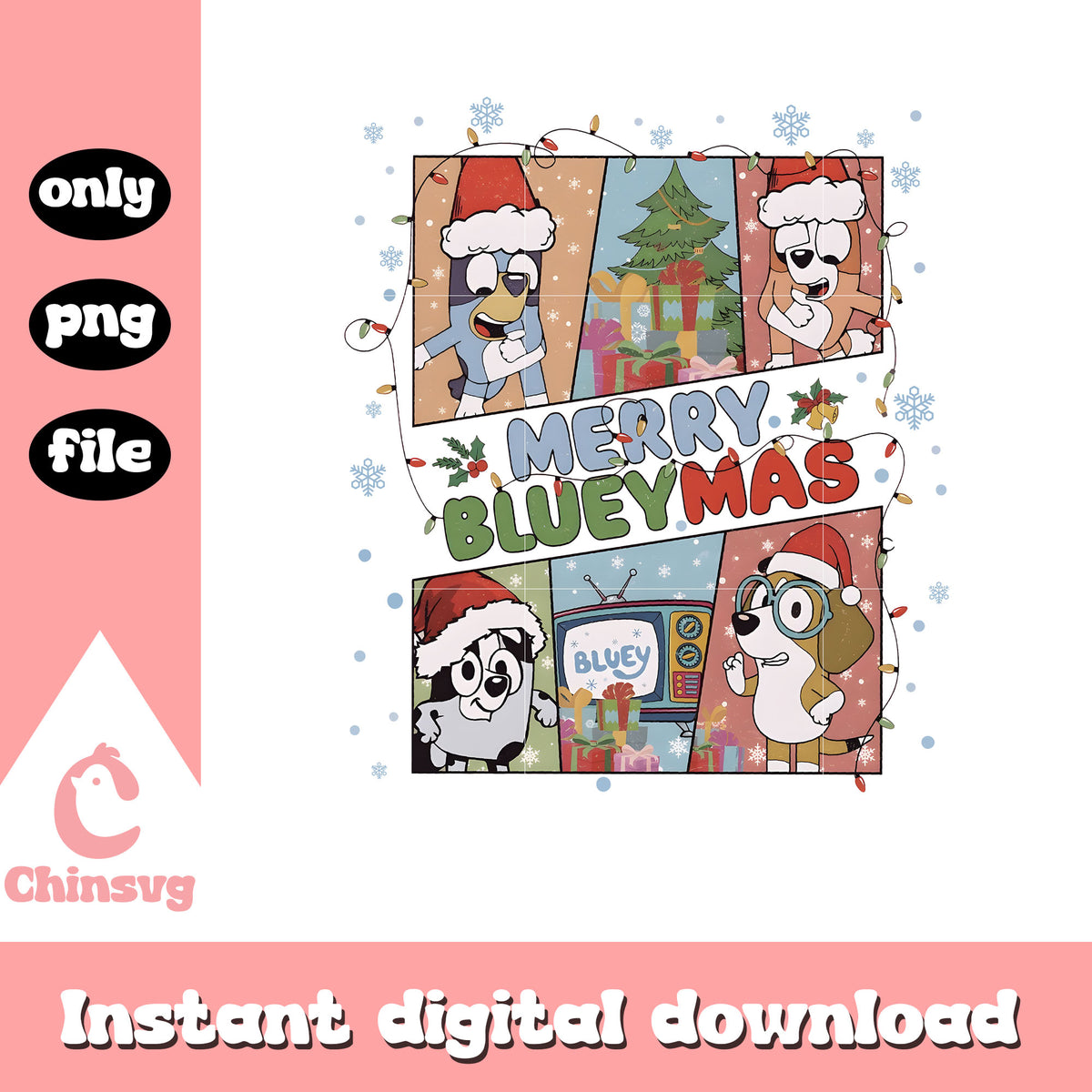 Retro merry blueymas friends design png, bluey and friends png