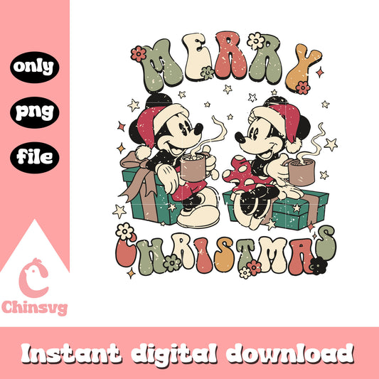 Retro merry christmas mickey minnie png, christmas mickey minnie​ png