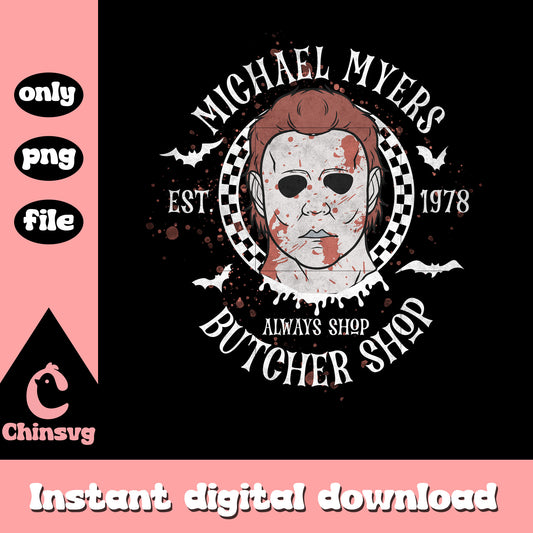 Retro michael myers est 1978 butcher shop checkered png, horror png