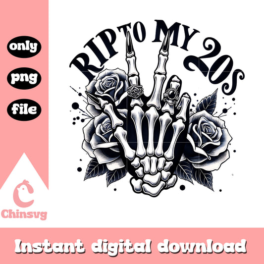 Rip to my 20s skeleton hand png, vintage floral png