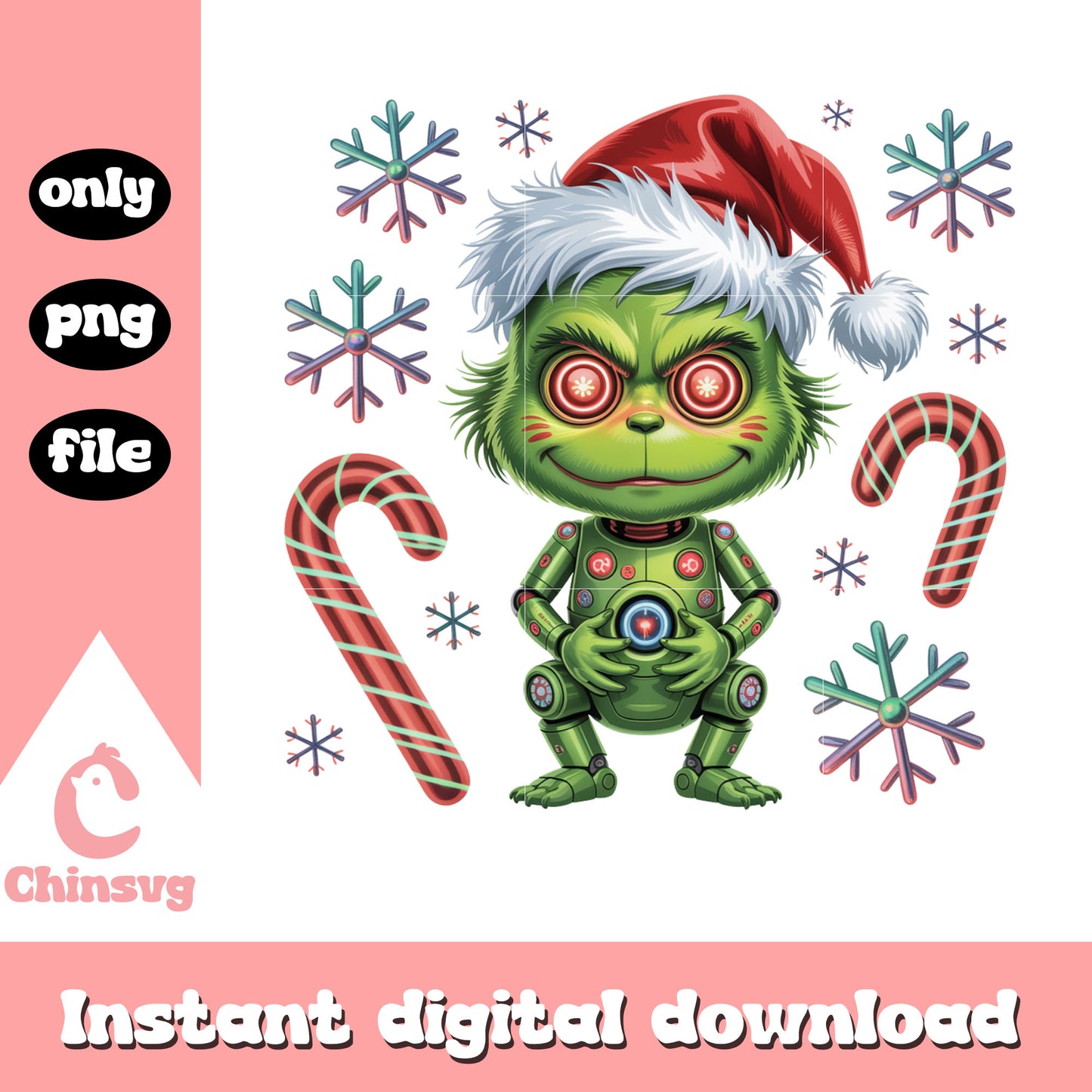 Robot grinch christmas candy cane snowfalke png, happy x-mas png