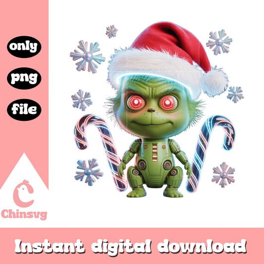Robot grinch hand candy cane decor png, grinch stole xmas png