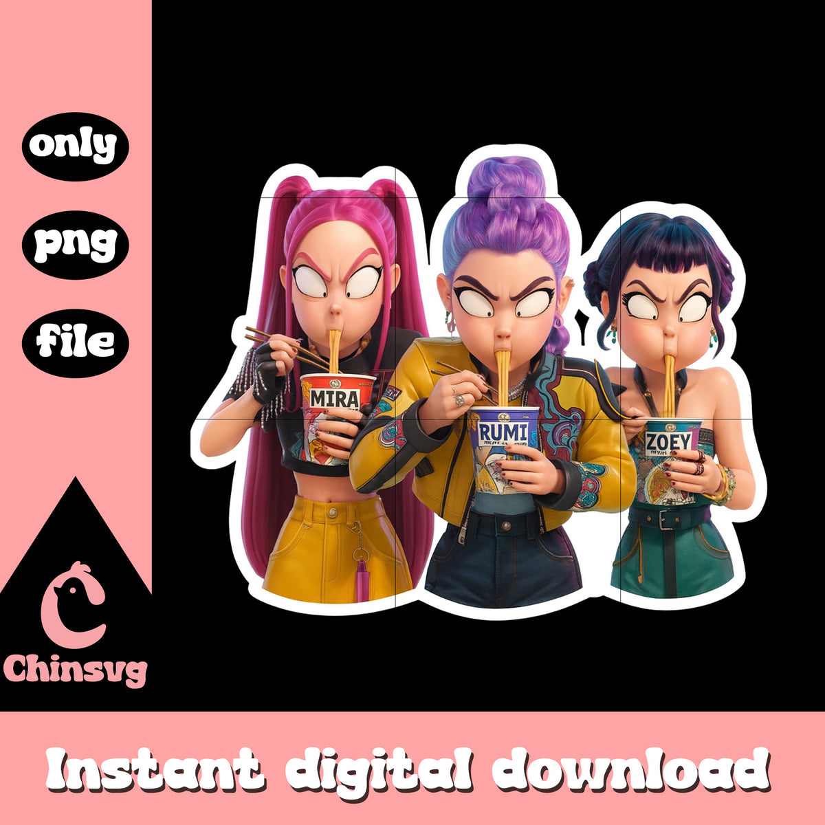 Rumi and friends eating funny design png, huntrix movie png – Chinsvg