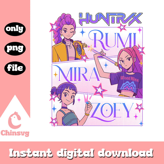Rumi and friends huntrix frame design png, rumi png, zoey png, mira png