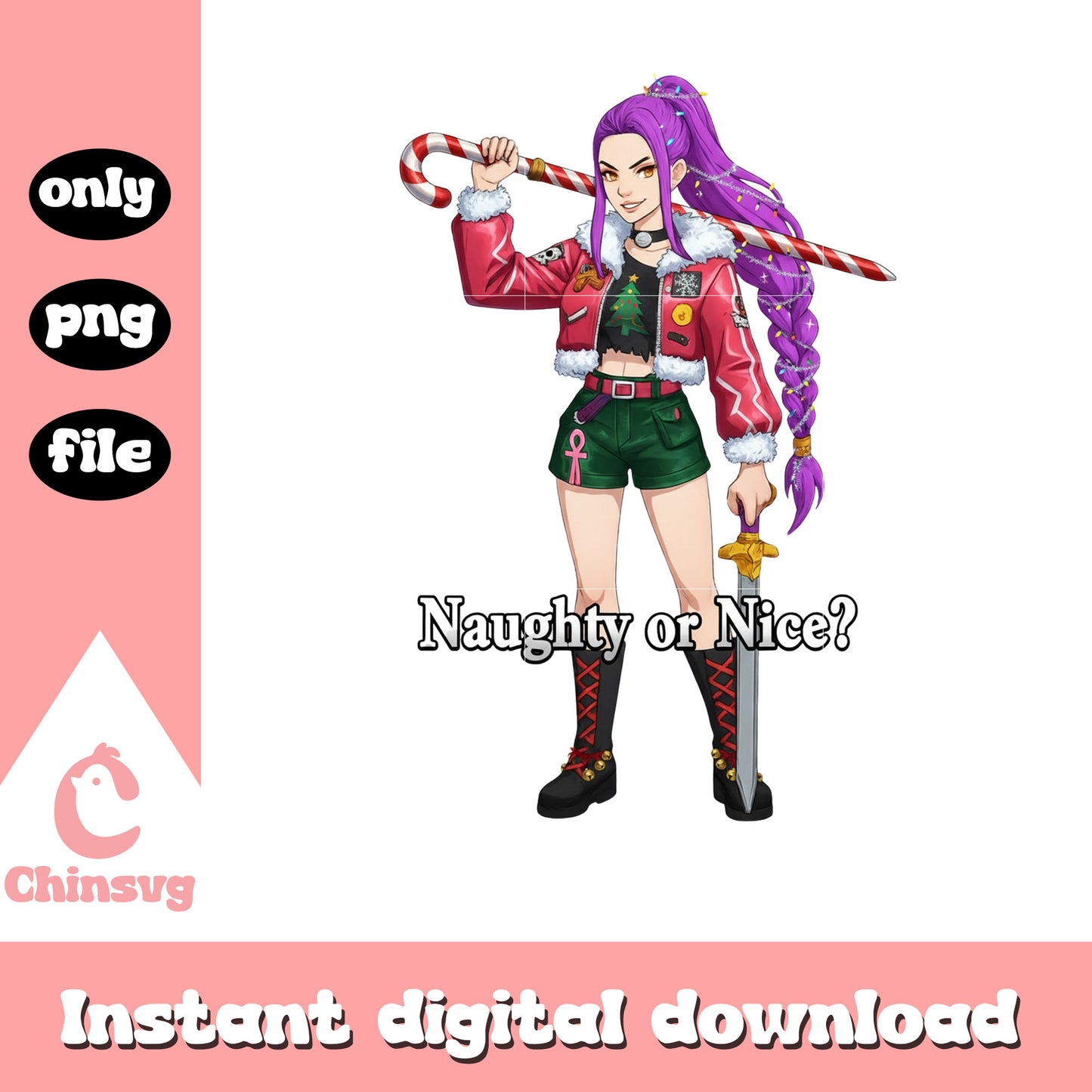 Rumi huntrix naughty or nice design png, candy cane png