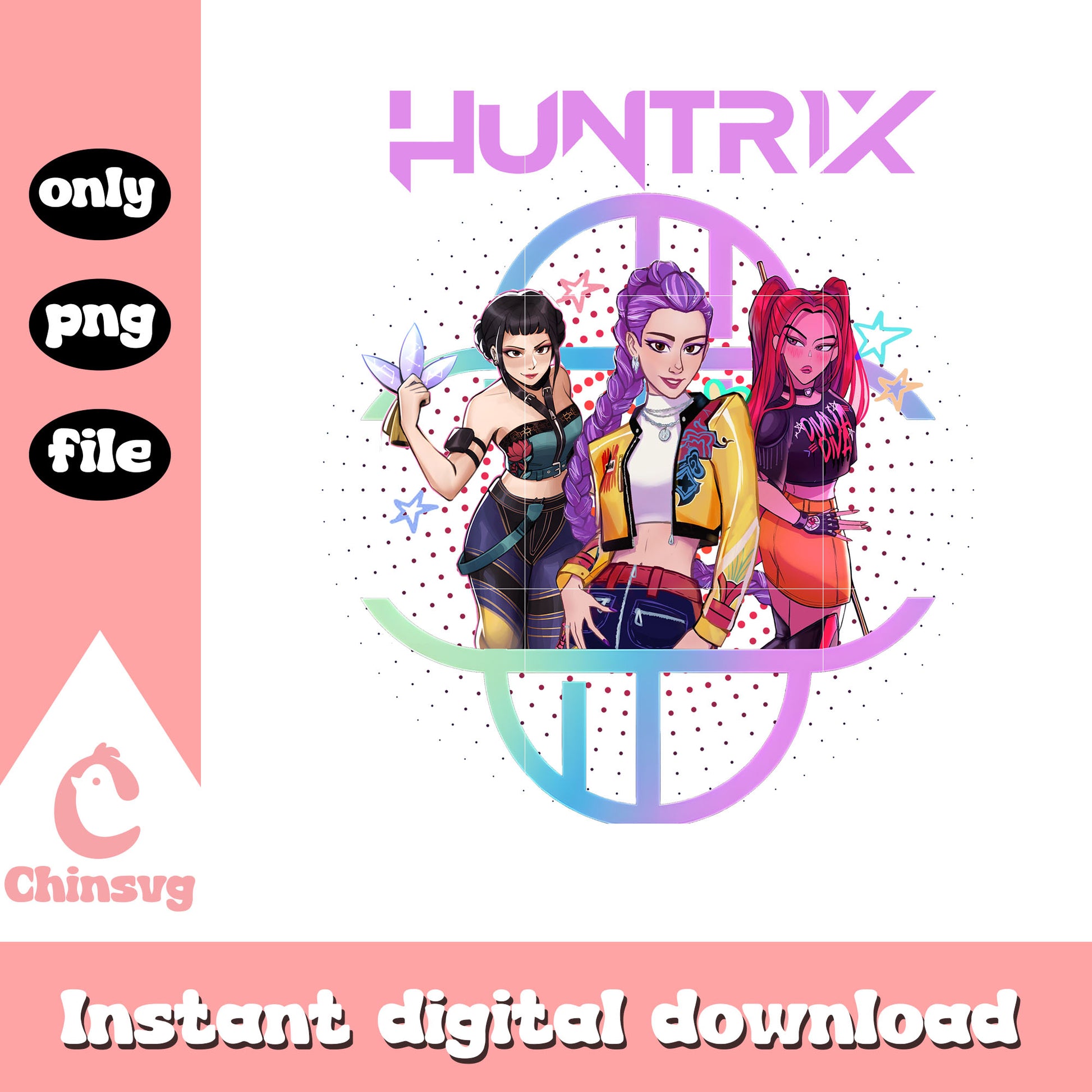 Rumi mira zoey huntrix with logo design png, demon hunters png