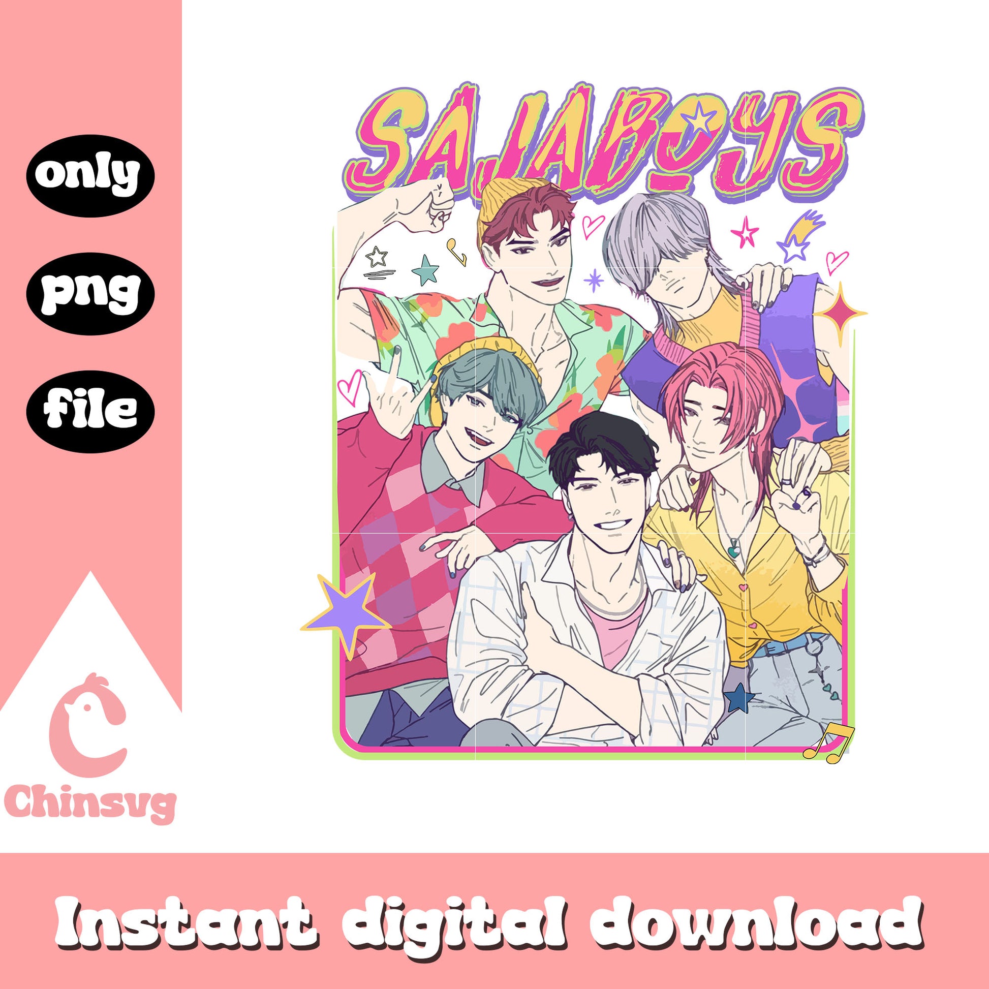 Saja boys members cartoon design png, kpop boy band png