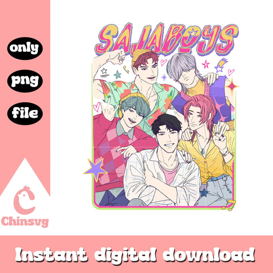 Saja boys members cartoon design png, kpop boy band png