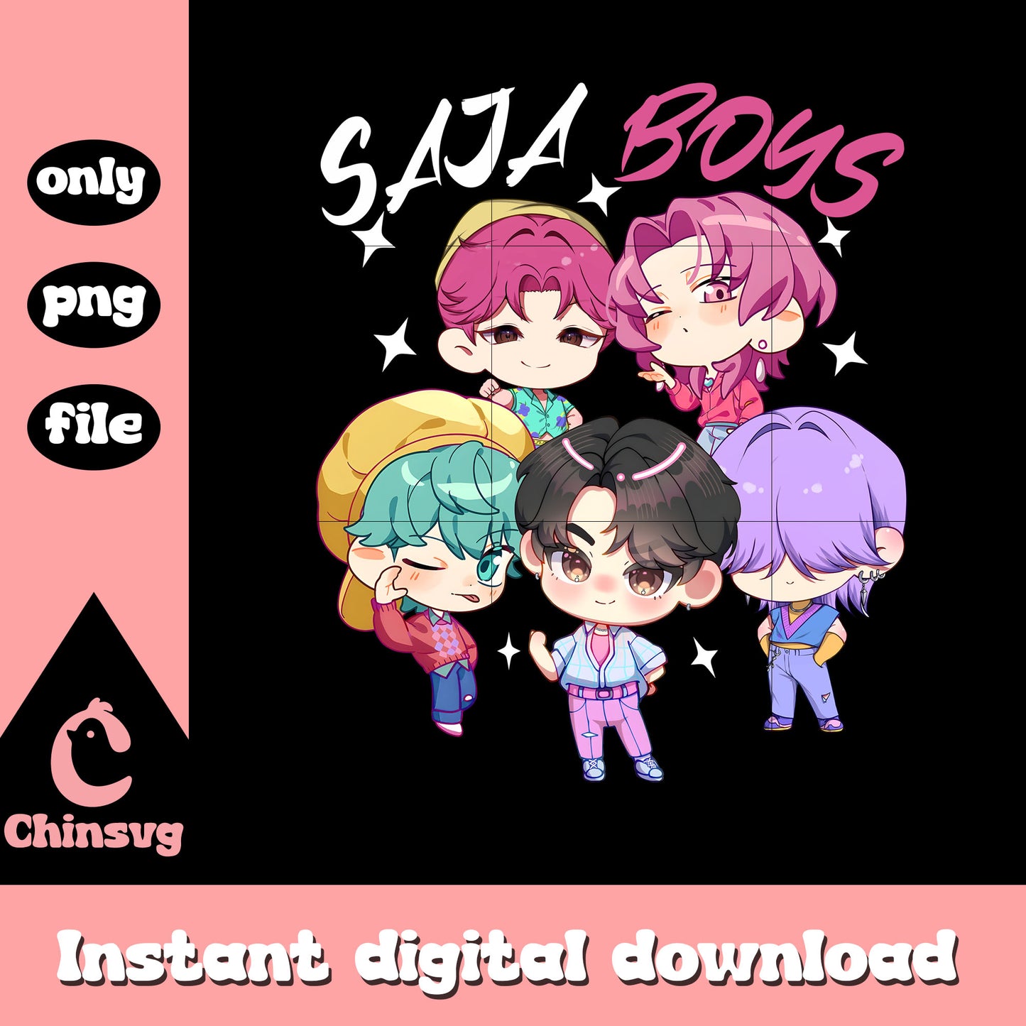 Saja boys members chibi fanart png, kpop demon hunters boys png