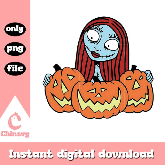 Sally and halloween pumpkin png, nightmare before christmas png
