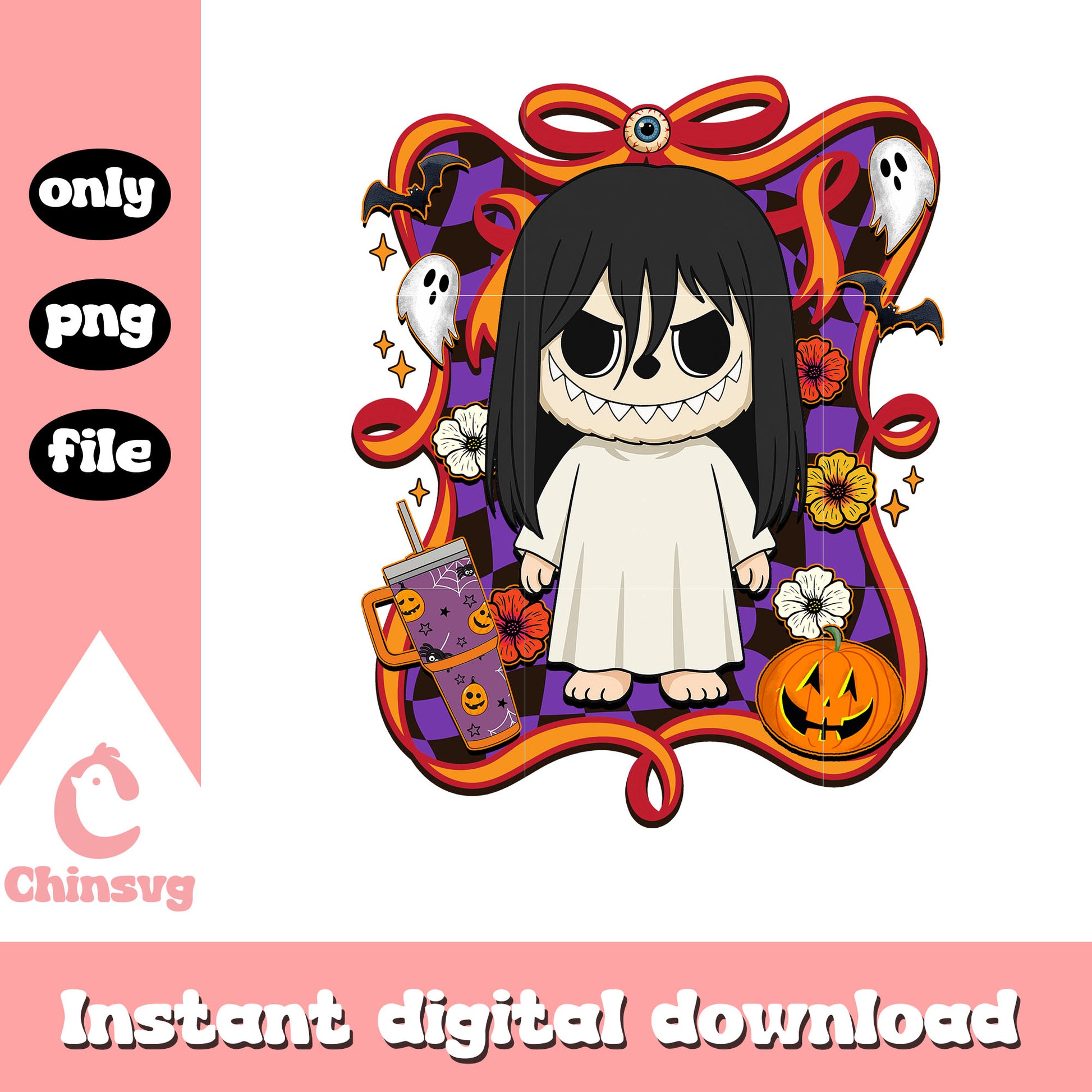 Samara halloween labubu bow png, samara the ring png, labubu art png