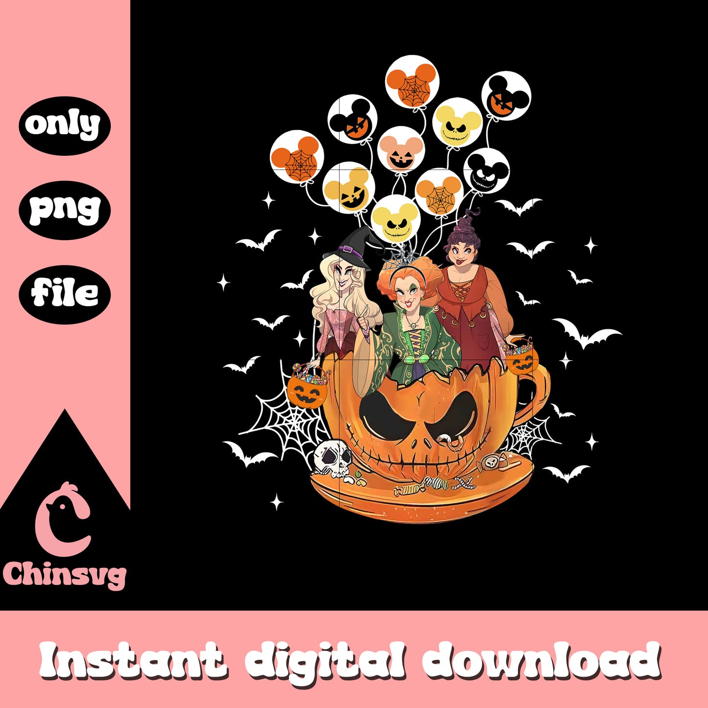 Sanderson sisters in cup balloons design png, hocus pocus movie png