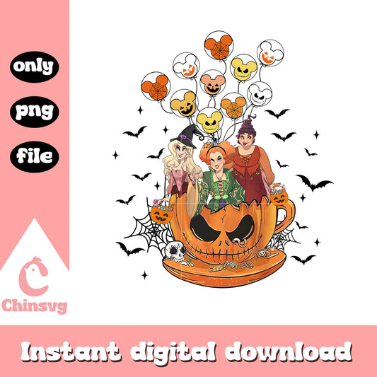 Sanderson sisters in cup mickey ear balloons png, hocus pocus png