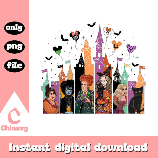 Sanderson sisters mickey castle halloween design png, halloween png