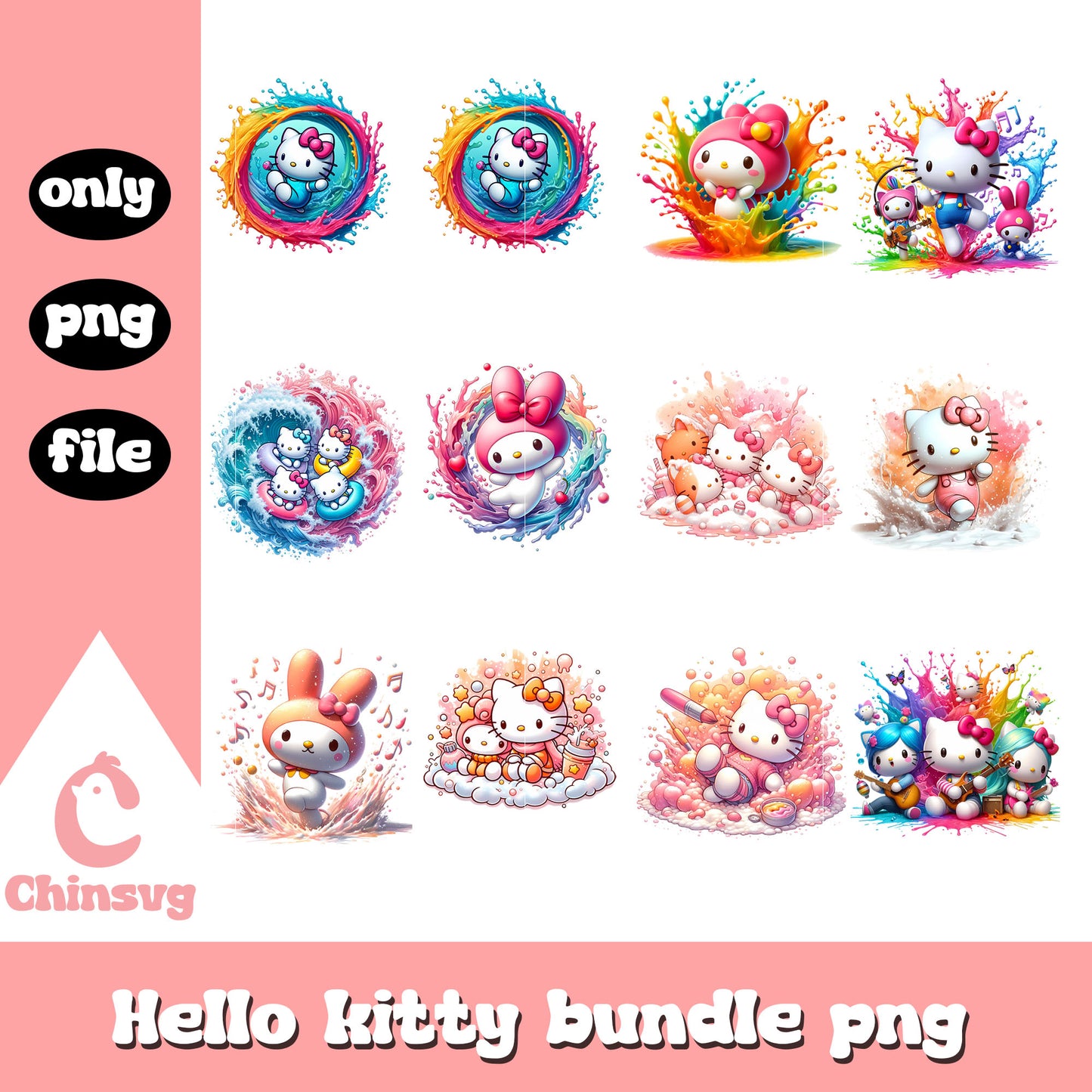 Sanrio colorful wave bundle png, happy easter day png, sanrio png