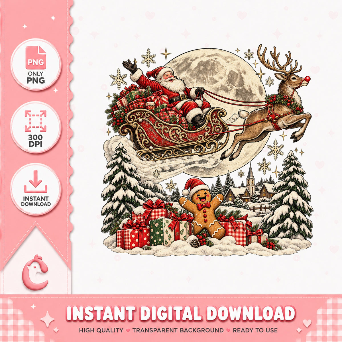 Santa Claus And Reindeer Sleigh PNG, Christmas Moon Scene, PNG