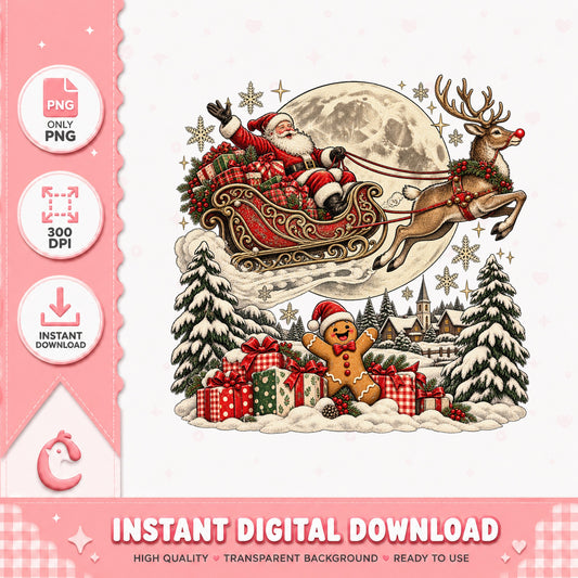 Santa Claus And Reindeer Sleigh PNG, Christmas Moon Scene, PNG