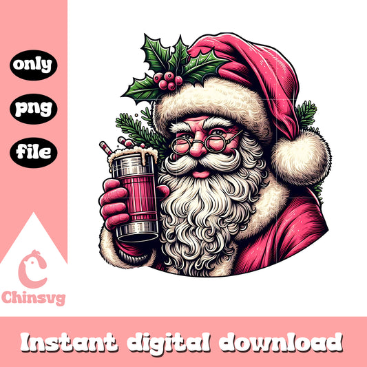 Santa claus drinking chirstmas png, santa claus in pink​ png