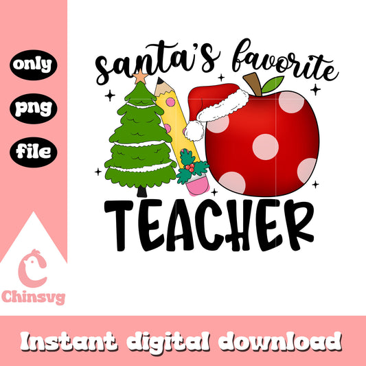 Santa's favorite teacher christmas design png, christmas tree png